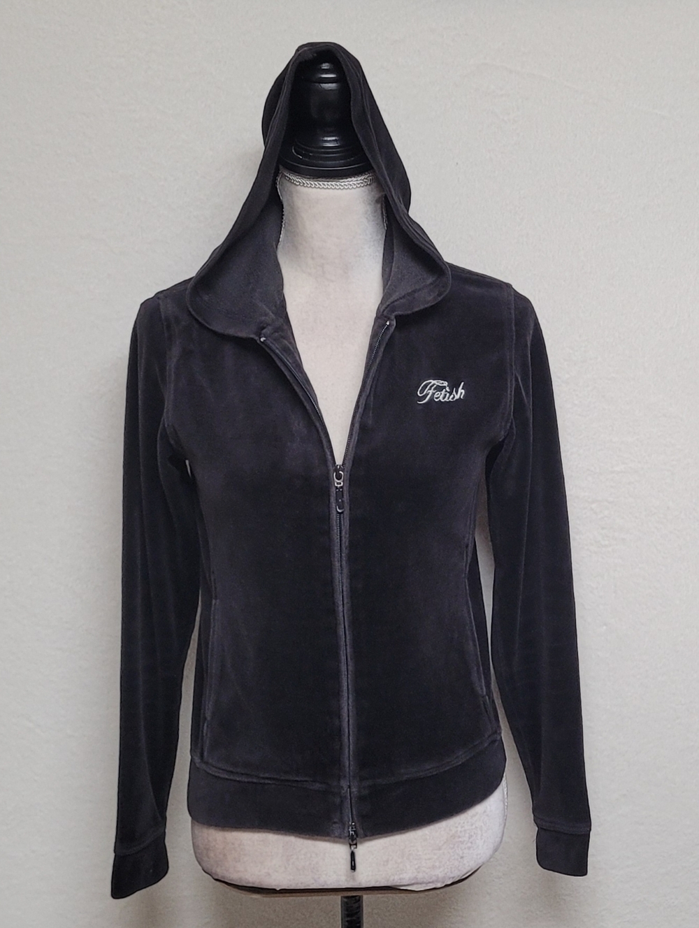 Rare 90s Vintage Fetish By Eve Spell Out Black Velvet Fitted Zip-Up Hoodie S - Picture 2 of 13